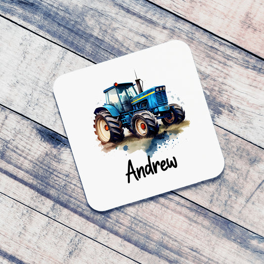 Personalised Blue Tractor Coaster