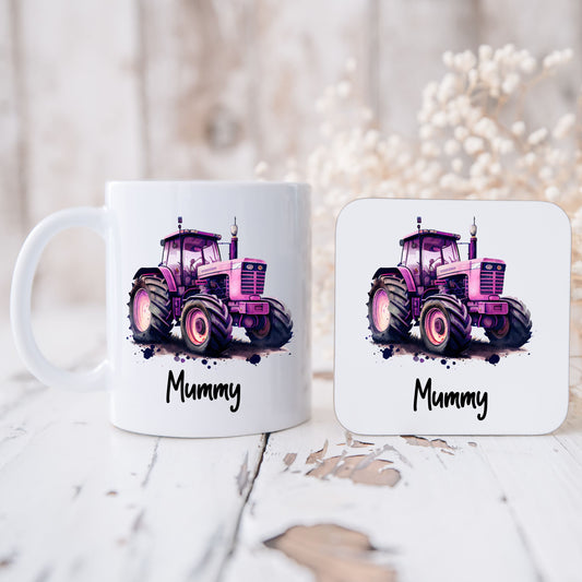 Personalised Purple Tractor Mug & Coaster Gift Set