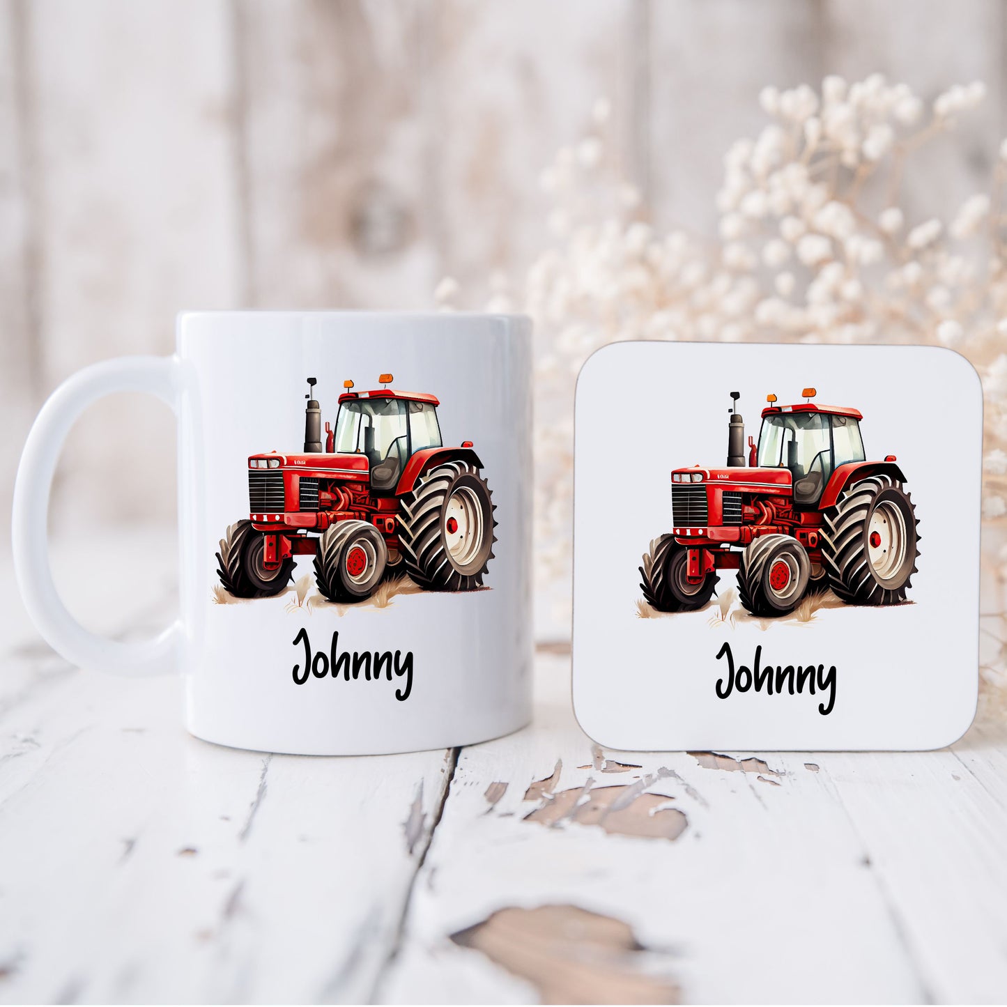 Personalised Red Tractor Mug & Coaster Gift Set