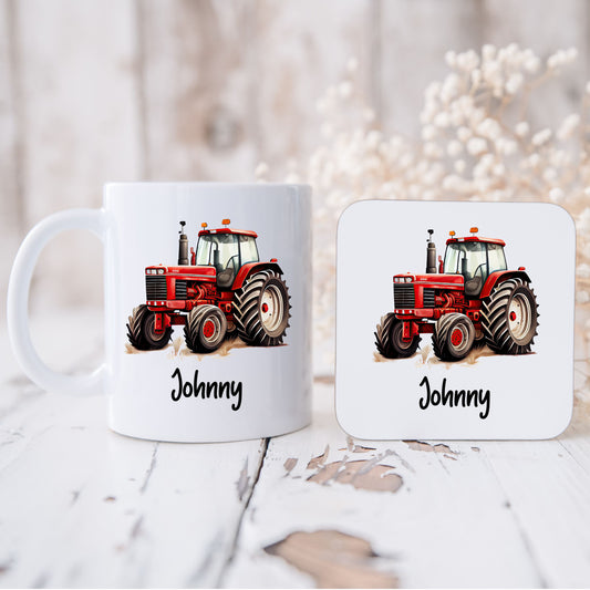 Personalised Red Tractor Mug & Coaster Gift Set