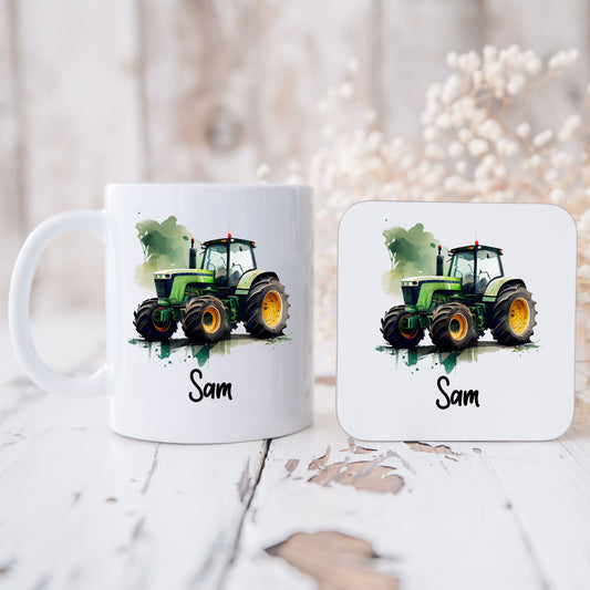 Personalised Green Tractor Mug & Coaster Gift Set