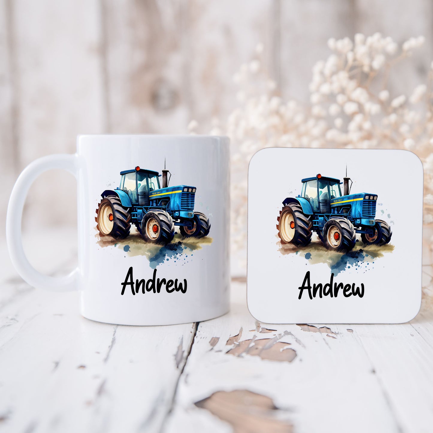 Personalised Blue Tractor Mug & Coaster Gift Set