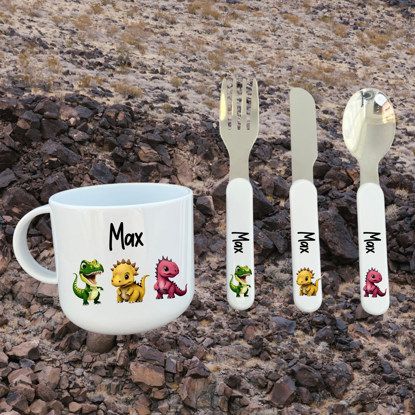 Personalised Dinosaur Toddler Cup & Cutlery Set