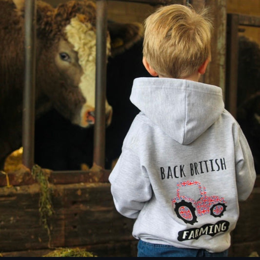 Children's Back British Farming Hoodie Marl Grey- More designs available