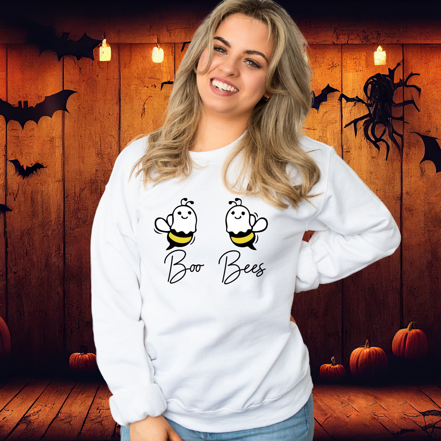 Ladies Boo Bees Halloween White Jumper