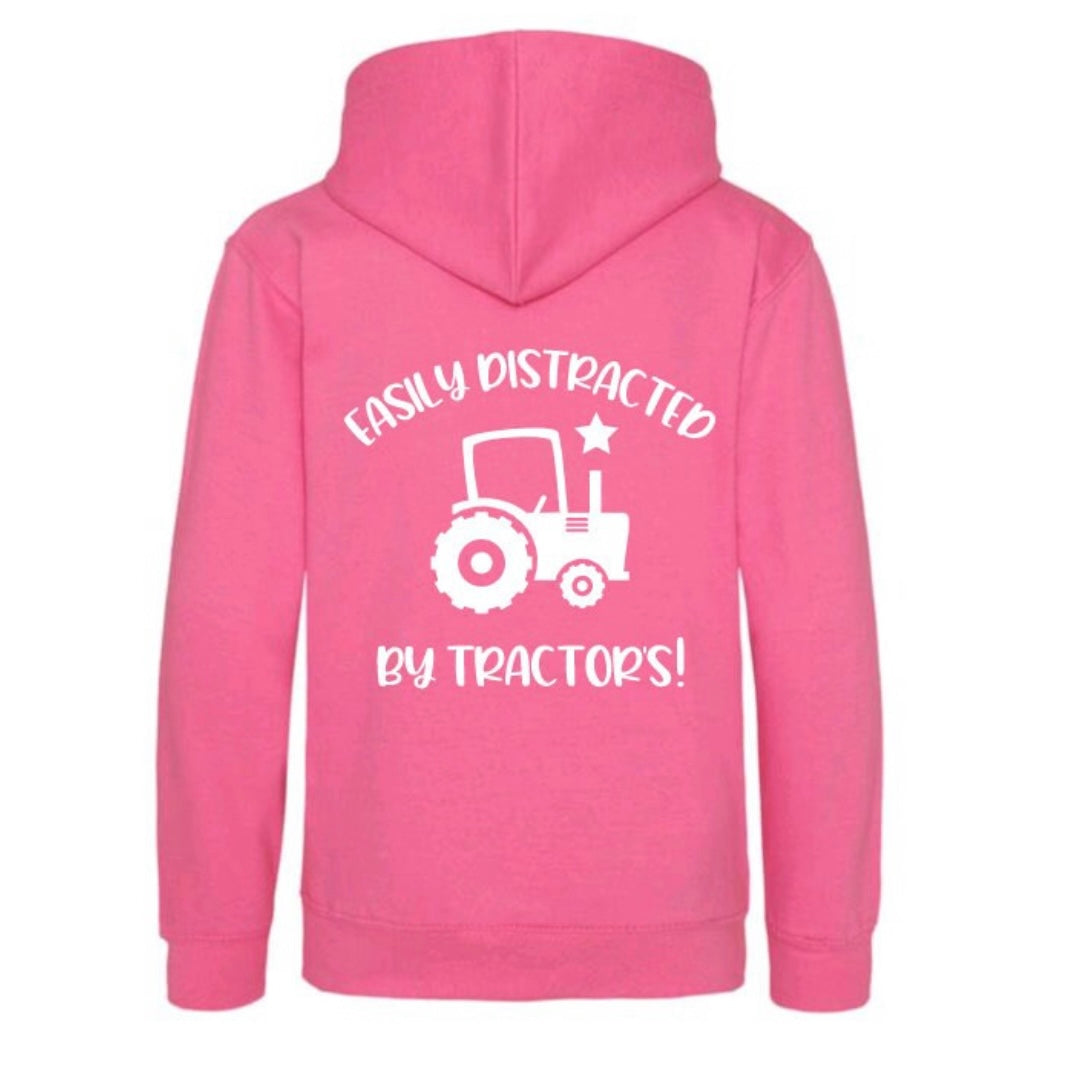 Kids Easily Distracted by Tractors Pink Hoodie