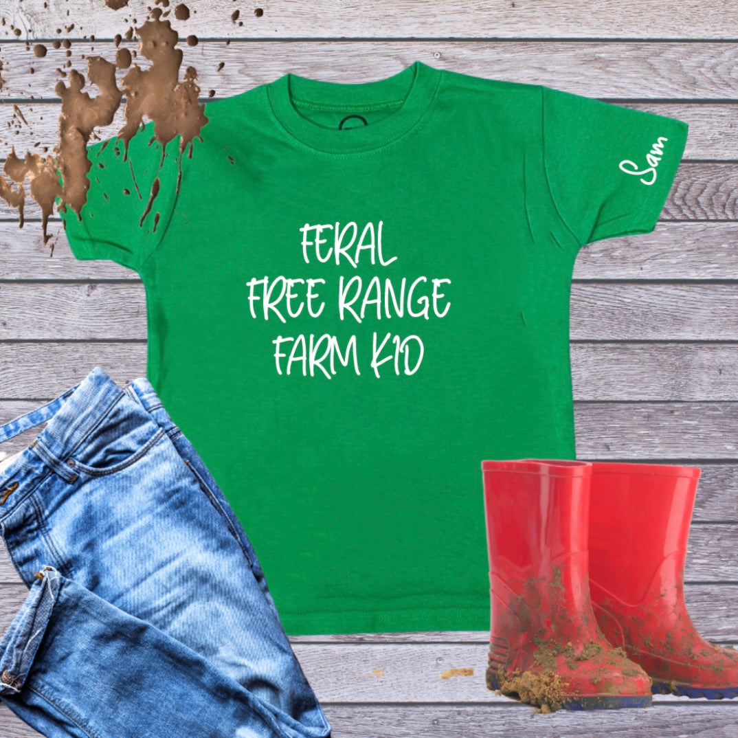 Feral, Free Range, Farm Kid - Fun  Green T-Shirt