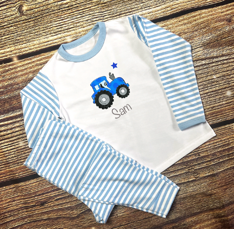 Kids Personalised Tractor Birthday Pyjamas - Blue Stripe