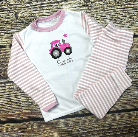 Kids Personalised Tractor Birthday Pyjamas - Pink Stripe