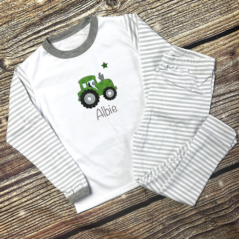 Kids Personalised Tractor Birthday Pyjamas - Grey Stripe