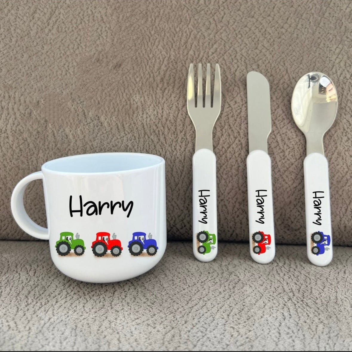 Personalised Tractor Toddler Cup & Cutlery Set