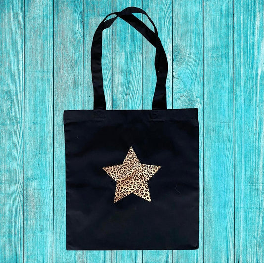 Black Leopard Print Star Tote Bag