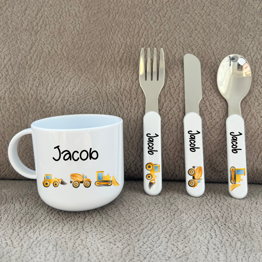 Personalised Construction Vehicles Toddler Cup & Cutlery Set