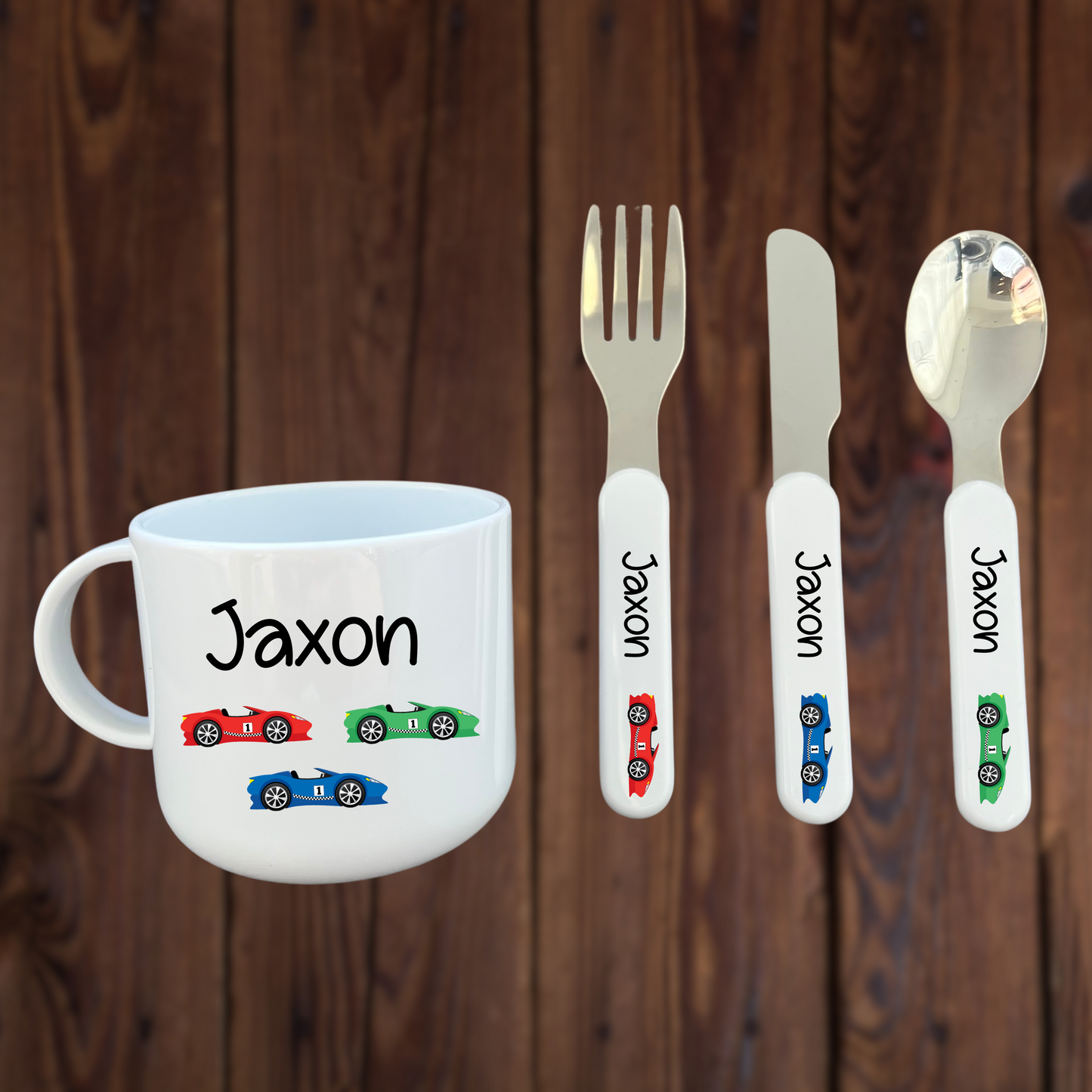 Personalised Sports Car Toddler Cup & Cutlery Set