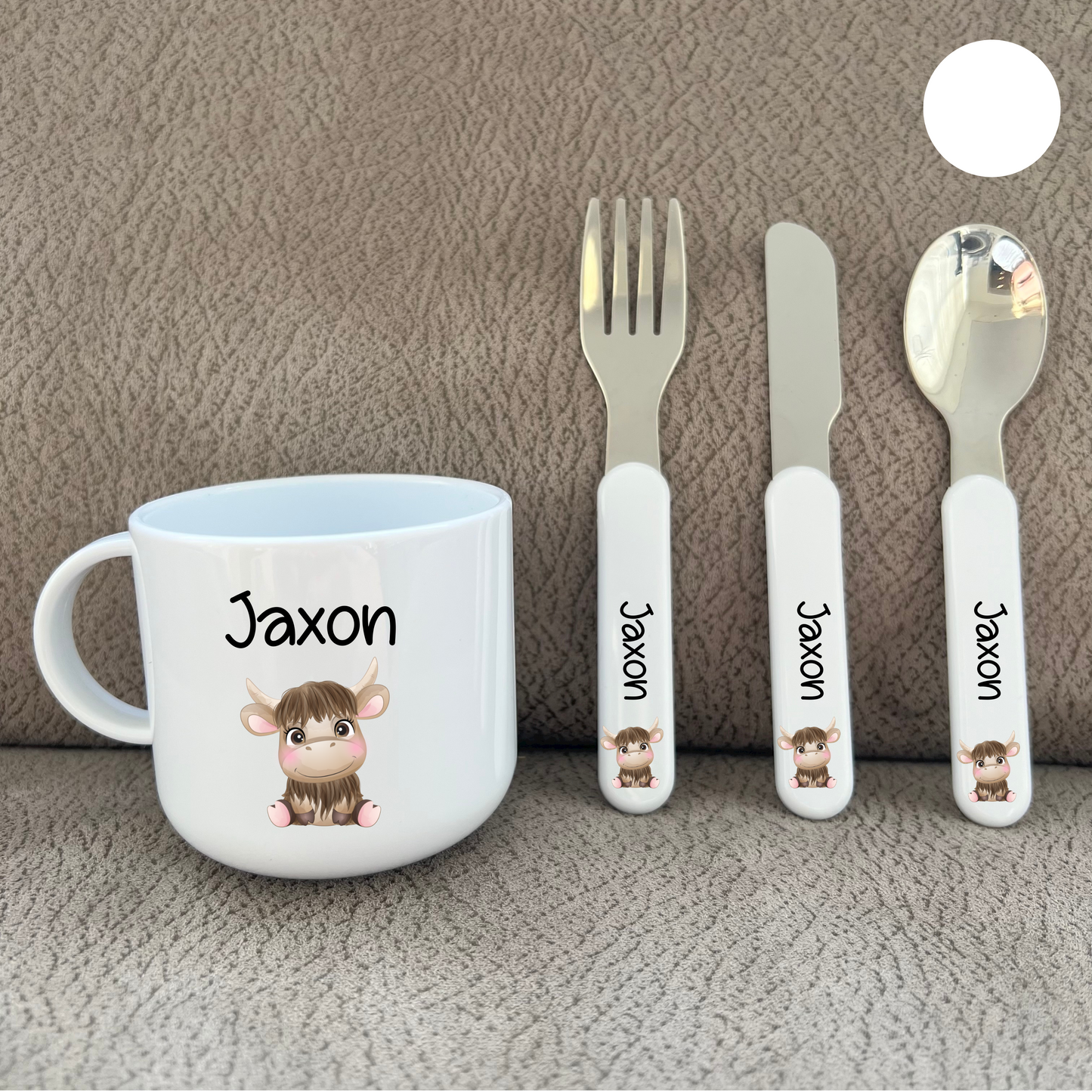 Personalised Highland Cow Toddler Cup & Cutlery Set