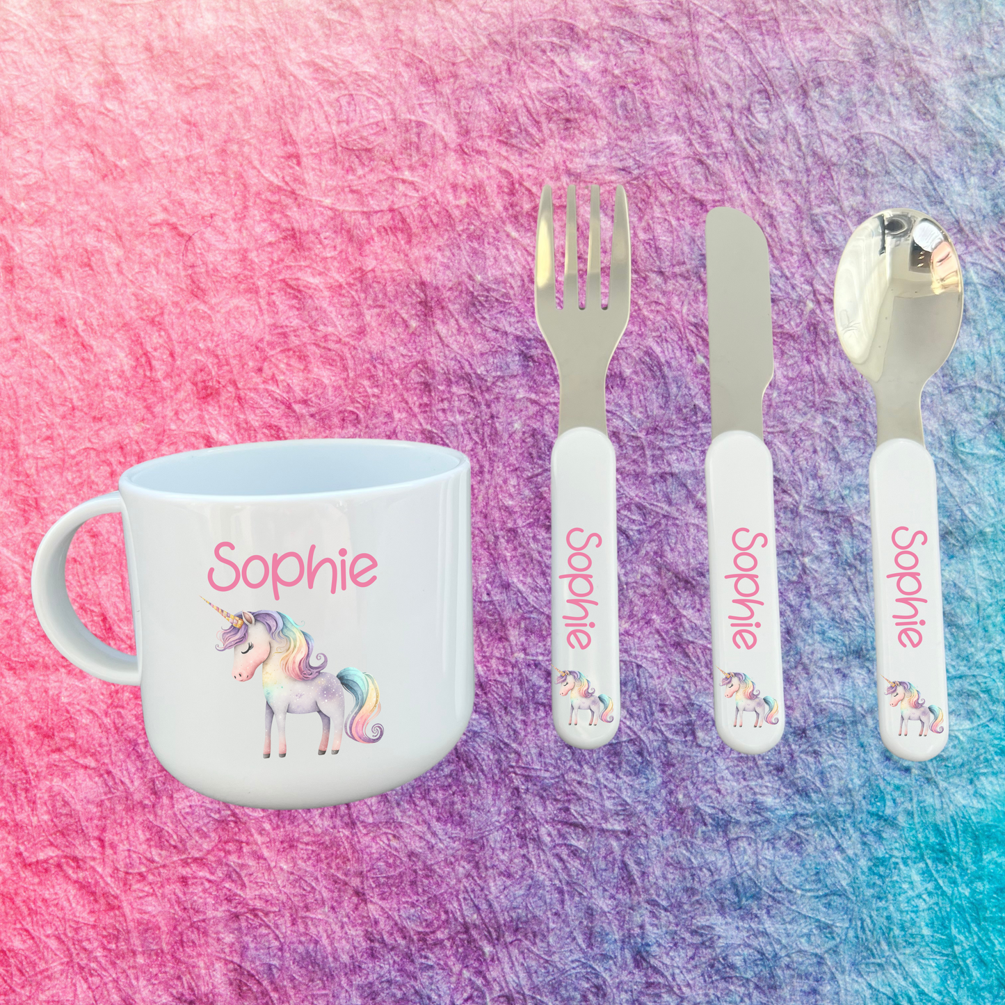 Personalised Unicorn Toddler Cup & Cutlery Set