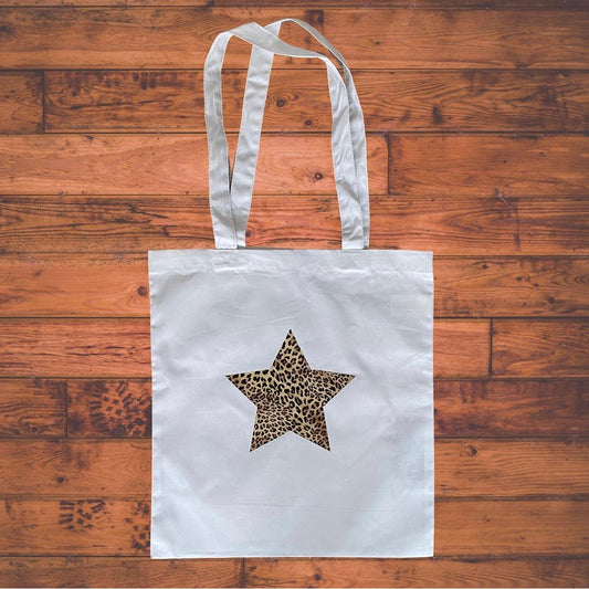 White Leopard Print Star Tote Bag