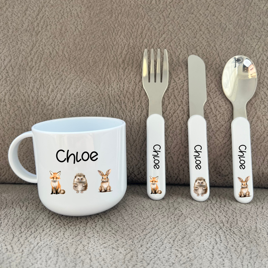 Personalised Woodland Animal Toddler Cup & Cutlery Set